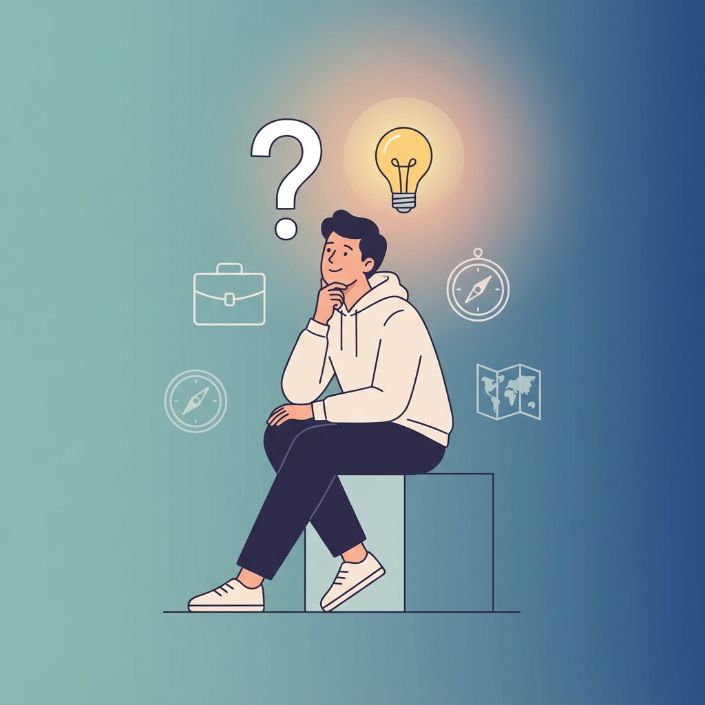 Personne réfléchissant à son avenir professionnel avec point d'interrogation et ampoule